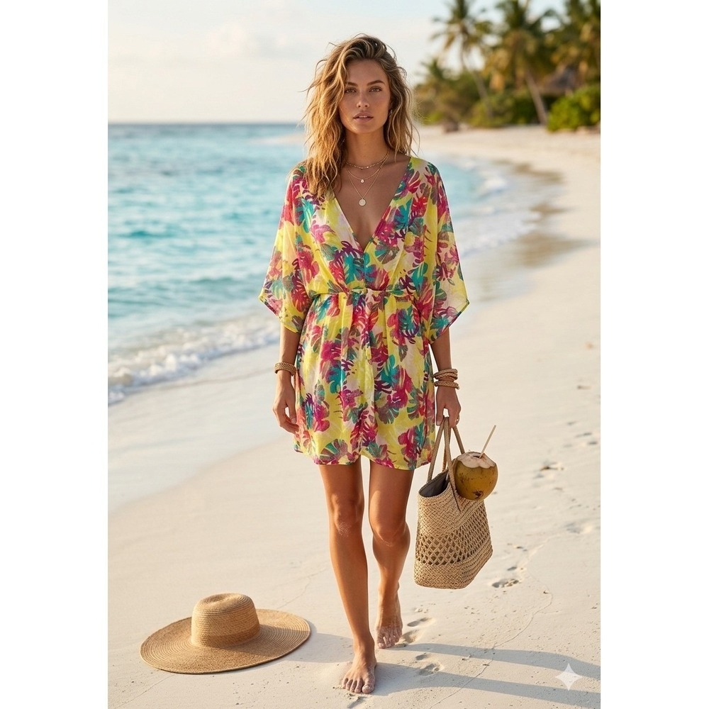 Francescas Tropical Leaf Print Swimsuit Coverup Yellow Pink Blue M/L NWT